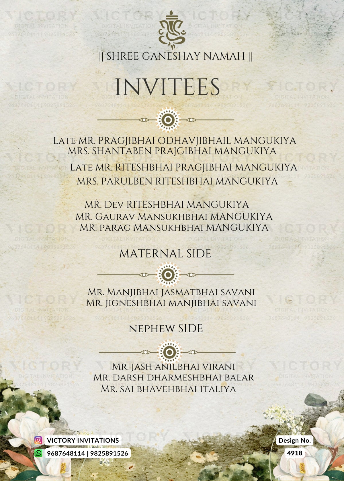 A digital Shree Ganeshay Namah Invite card template featuring elegant serif typography on a textured beige parchment-style background. The design includes a gold emblem at the top, lists for matriline and nephew side guests, and floral illustrations at the bottom corners, with the Victory Invitations logo in the lower-left corner.