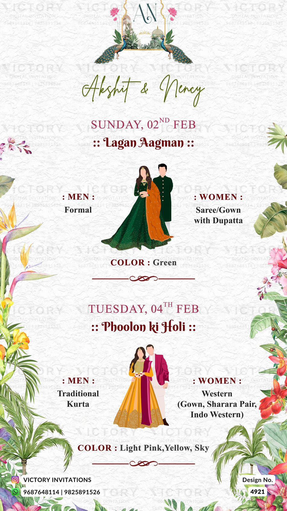 A decorative wedding invitation template with floral borders and watercolor illustrations of couples, featuring event details for 'Akshat & Neny' in English and Hindi with color notes.