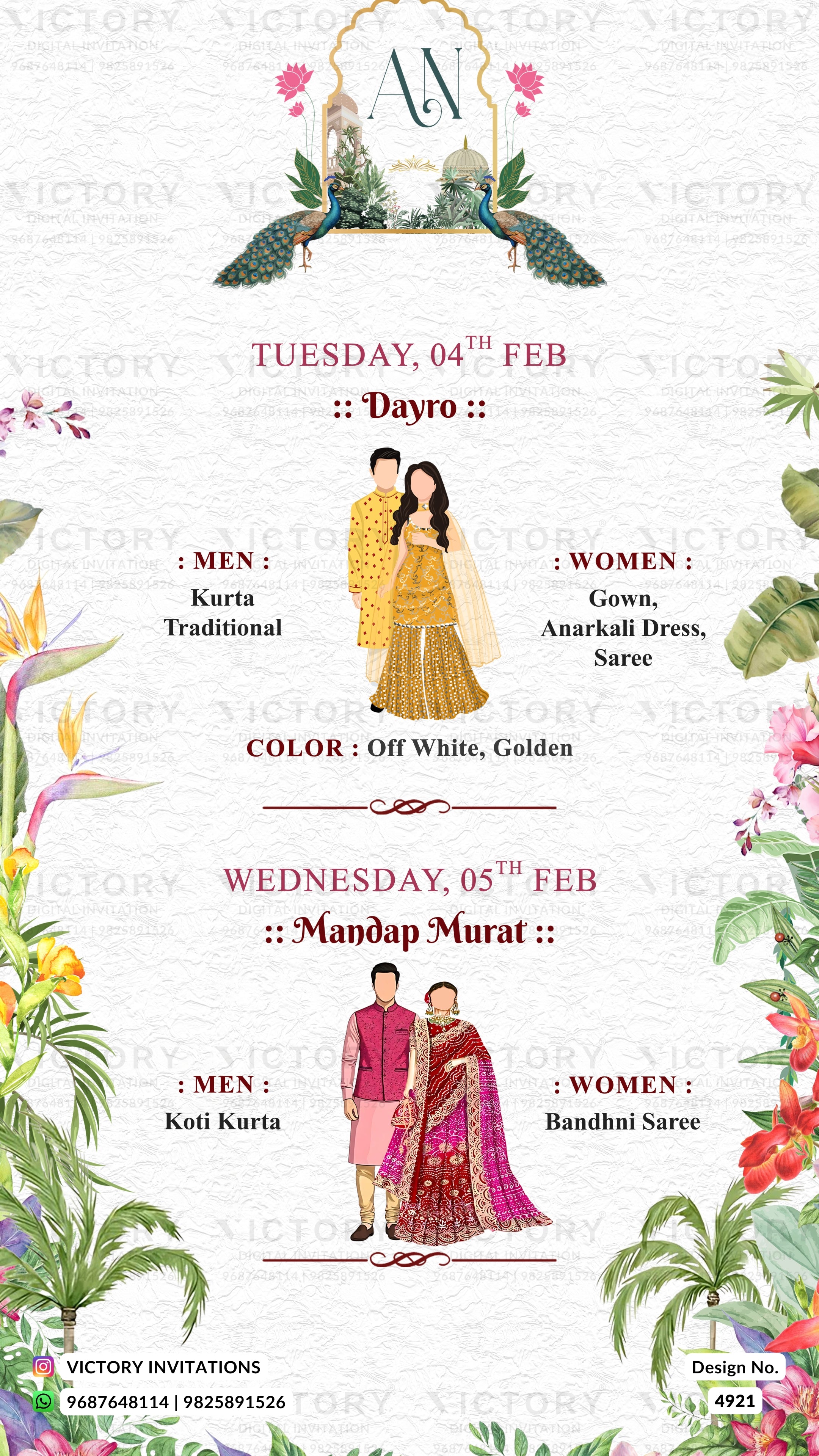 A digital preview of a traditional Indian wedding invitation card featuring peacocks, floral borders, and illustrations of men and women in traditional attire, with text detailing the event schedule and color preferences.