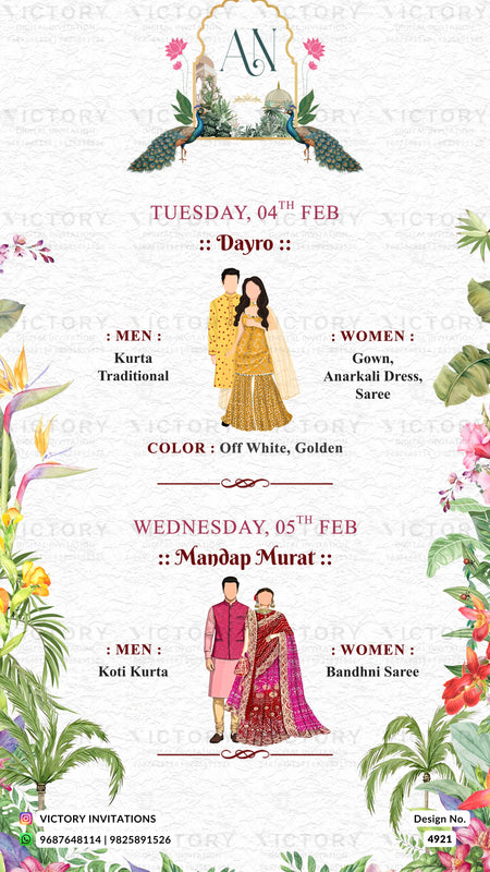 A digital preview of a traditional Indian wedding invitation card featuring peacocks, floral borders, and illustrations of men and women in traditional attire, with text detailing the event schedule and color preferences.