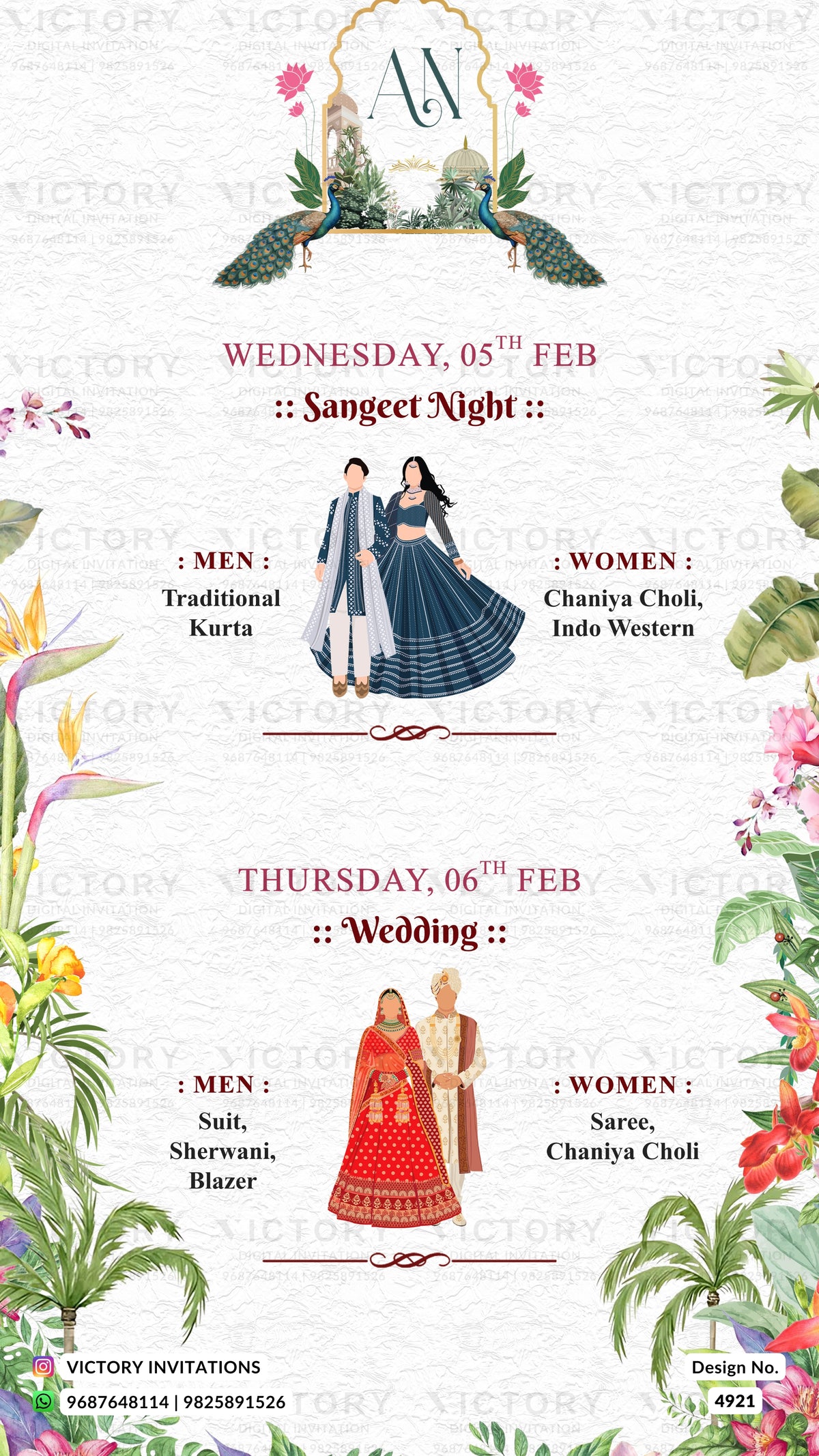 A wedding invitation card design featuring traditional and Western attire illustrations, peacocks, floral borders, and text for a 'Sangeet Night' and 'Wedding' on February 05th and 06th, with a Victoria watermark pattern across the background.