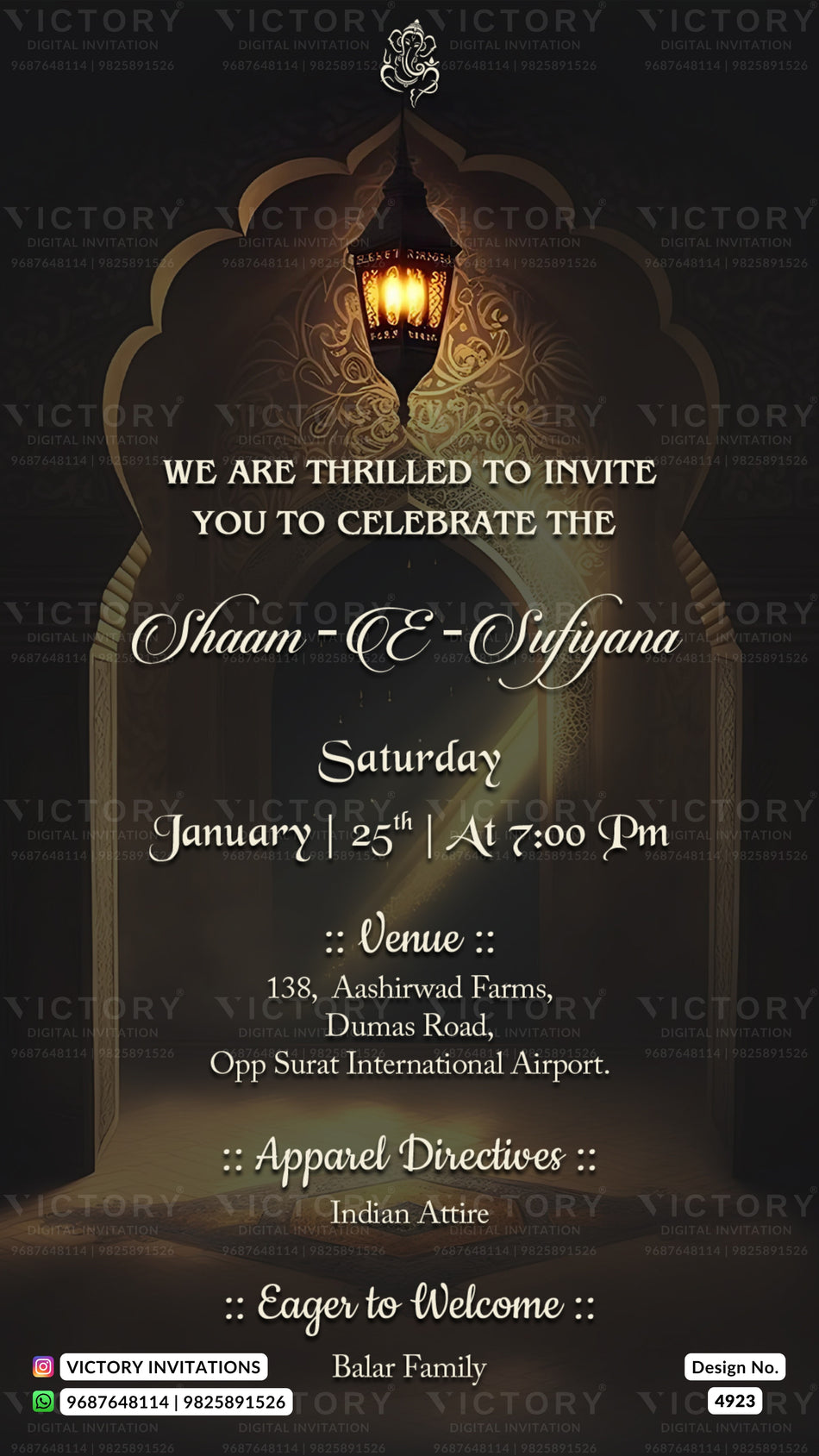 A digital invitation card for a Shaam and Sufiyana wedding reception, featuring a dark archway design with a glowing hanging lantern at the top. The text details the event date (Saturday, January 25th at 7:00 PM), venue (138, Aashirwad Farms, Dumas Road, Opp Surat International Airport), and attire (Indian Attire).