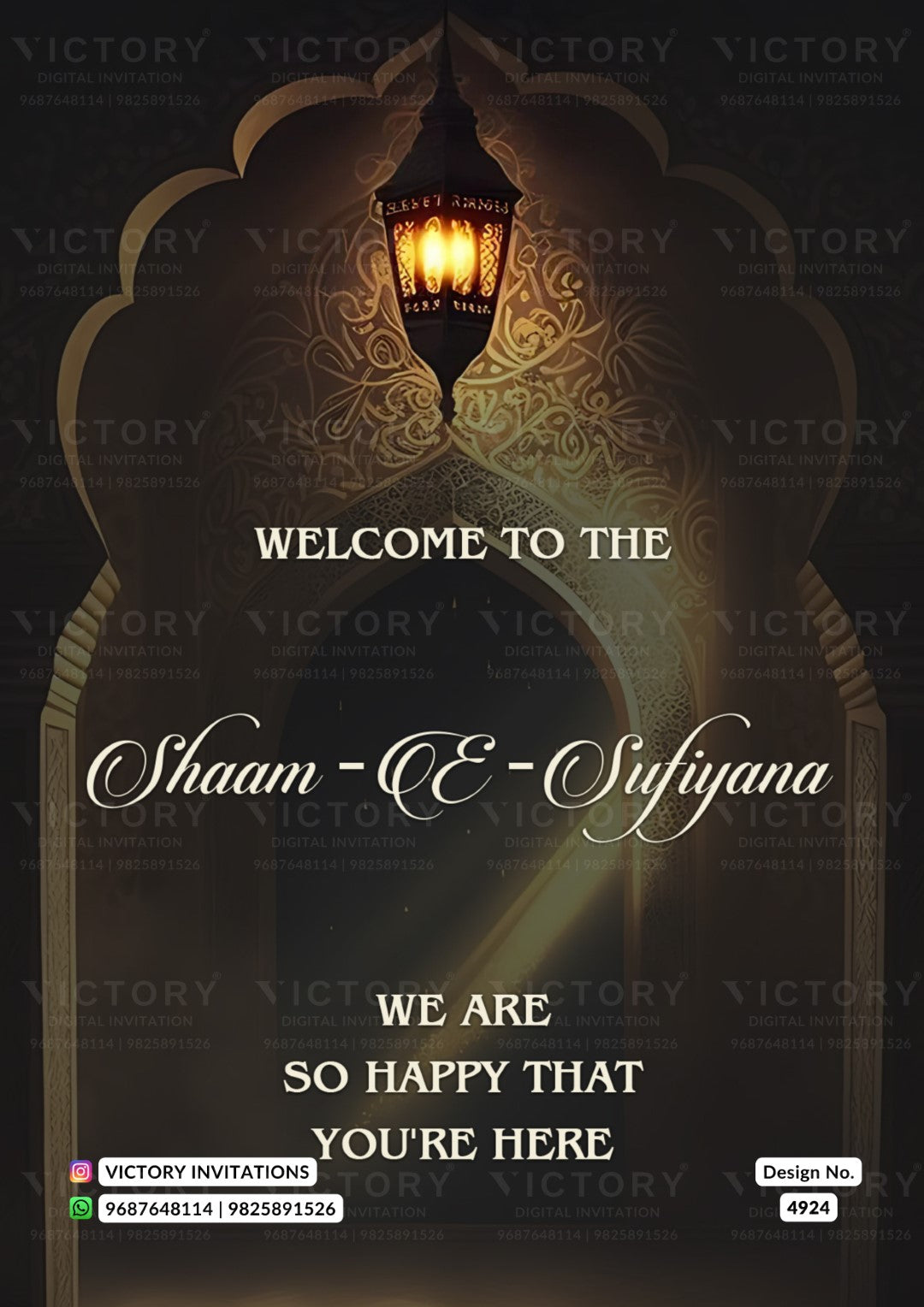 A dark, elegant invitation card design featuring an ornate archway silhouette with a glowing lantern at the top. The text reads 'WELCOME TO THE Shaam - EE - Sufiyana WE ARE SO HAPPY THAT YOU'RE HERE' in white and cursive lettering.