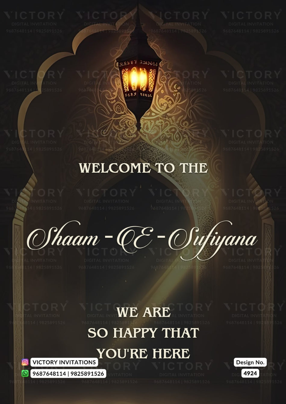 A dark, elegant invitation card design featuring an ornate archway silhouette with a glowing lantern at the top. The text reads 'WELCOME TO THE Shaam - EE - Sufiyana WE ARE SO HAPPY THAT YOU'RE HERE' in white and cursive lettering.