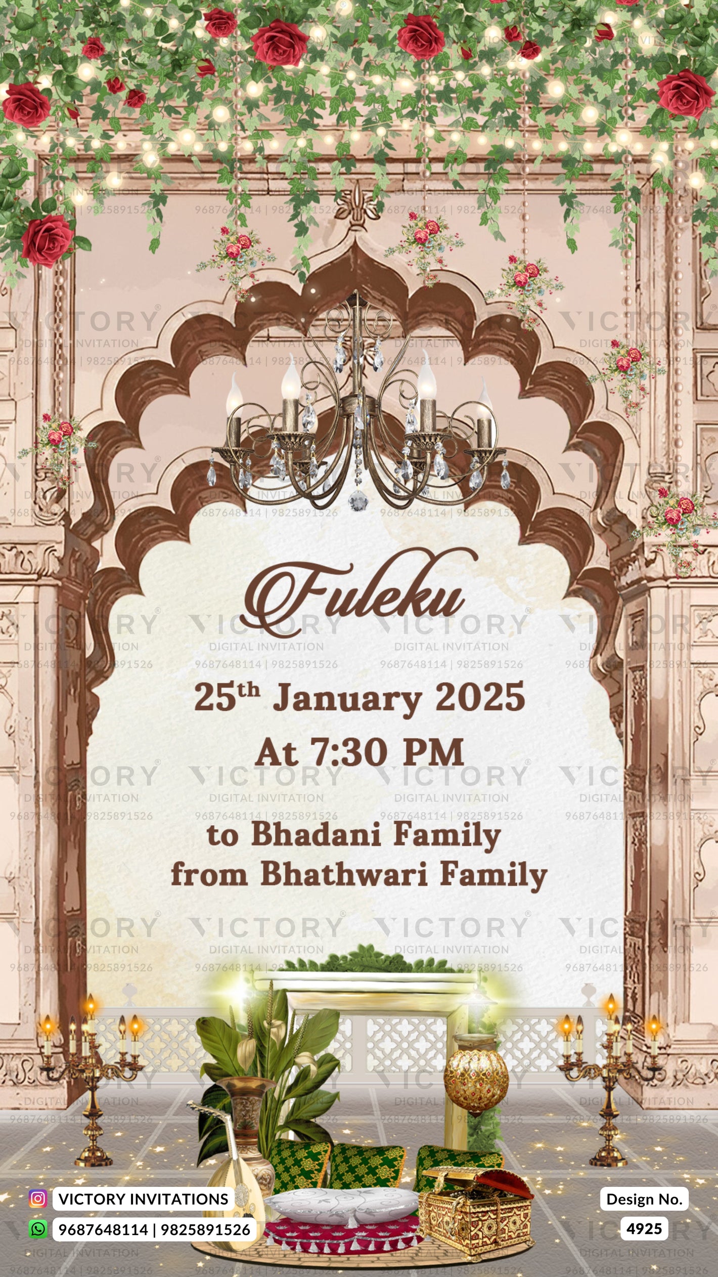 A digital invitation card design for a Fuleku (wedding) event, featuring an ornate brown and beige archway decorated with roses, green foliage, and a chandelier. The text reads 'Fuleku 25th January 2025 At 7:30 PM to Bhadani Family from Bhatwari Family'.
