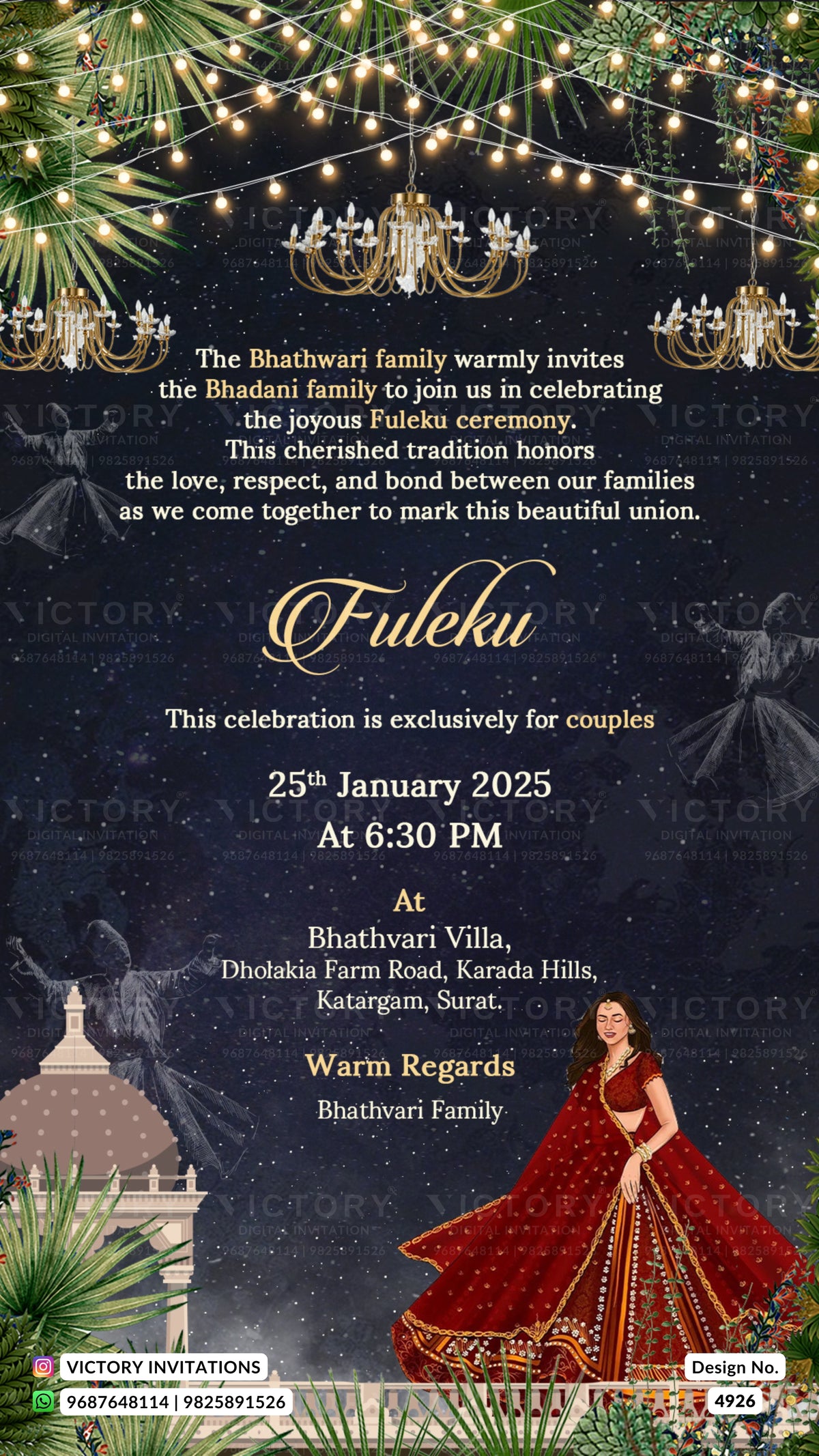 A festive Indian Fuleku wedding invitation card with a dark textured background, decorated with hanging string lights, chandeliers, pine branches, and traditional illustrations. The text details the event for the Bhathvari family, and a woman in a red traditional outfit is depicted in the lower right corner.