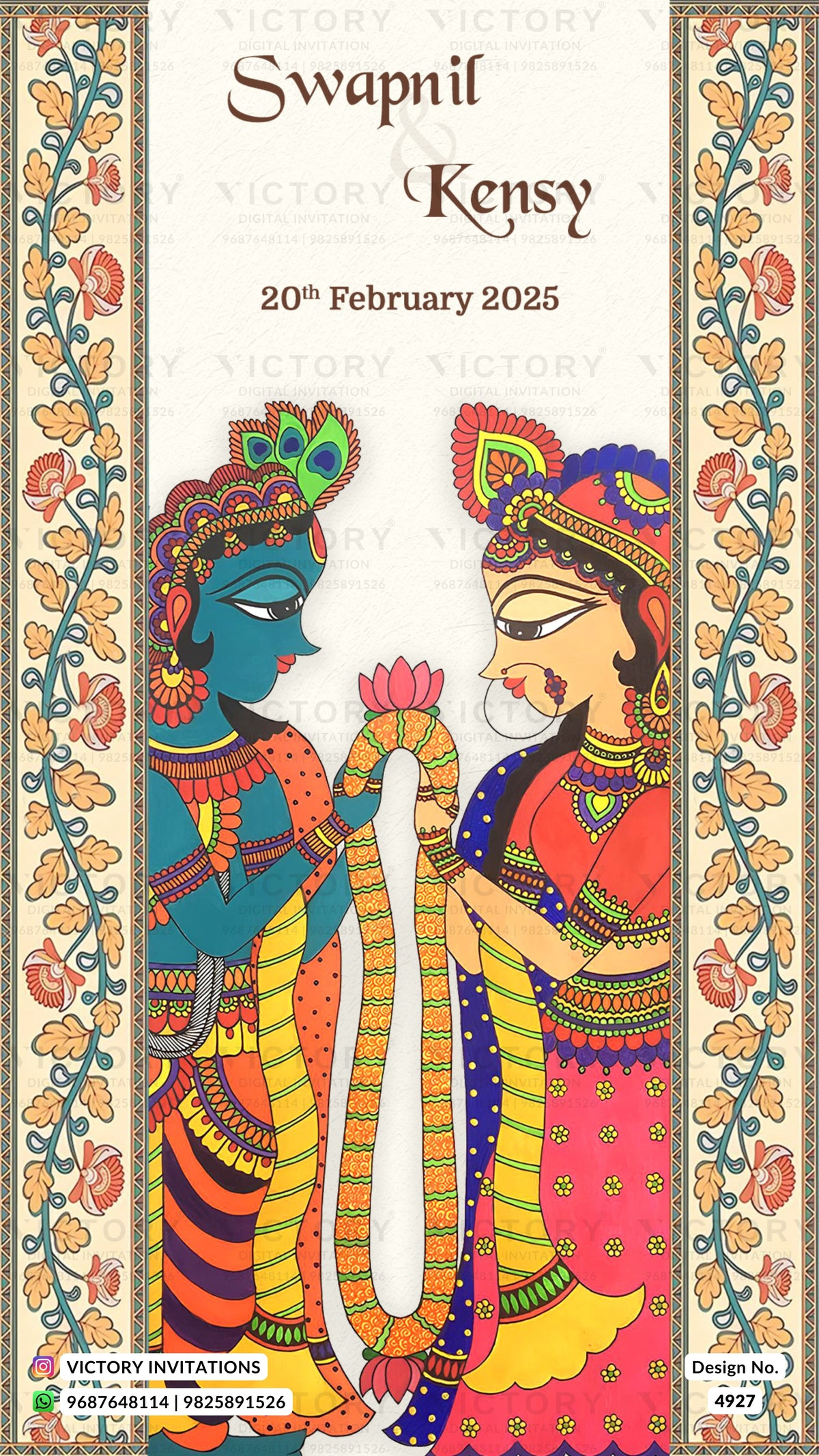 A traditional Indian wedding invitation card featuring a hand-painted style illustration of Lord Krishna and Queen Sita. The card has a cream background with decorative floral borders on the sides and custom text at the top reading 'Swapnil & Kensy 20th February 2025'.