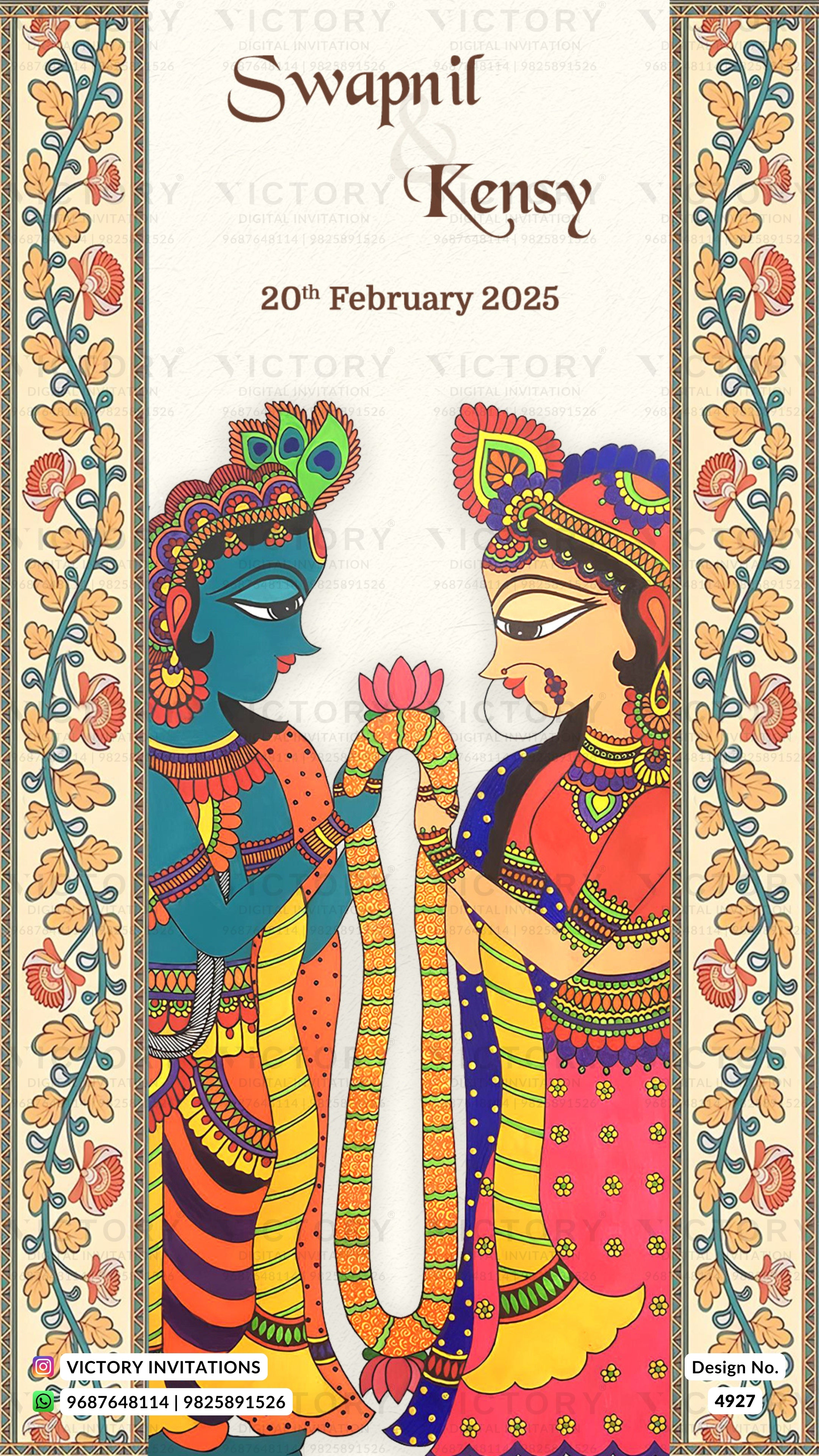 A traditional Indian wedding invitation card featuring a hand-painted style illustration of Lord Krishna and Queen Sita. The card has a cream background with decorative floral borders on the sides and custom text at the top reading 'Swapnil & Kensy 20th February 2025'.
