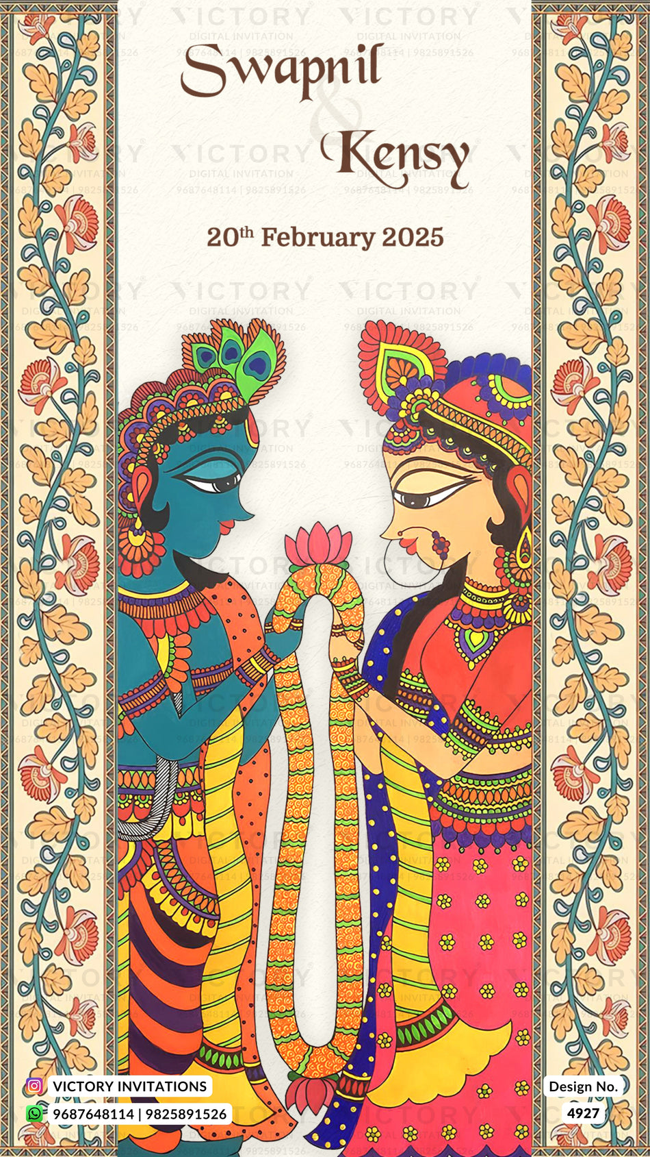 A traditional Indian wedding invitation card featuring a hand-painted style illustration of Lord Krishna and Queen Sita. The card has a cream background with decorative floral borders on the sides and custom text at the top reading 'Swapnil & Kensy 20th February 2025'.