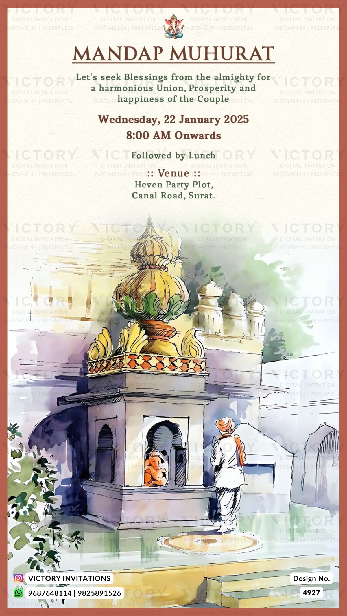 A wedding invitation card for 'Mandap Muhurat' featuring a watercolor illustration of a traditional Indian wedding mandapa structure. The top section contains event details in black text, and the bottom section features the event scene framed by a warm reddish-brown border with Victory Invitations branding.