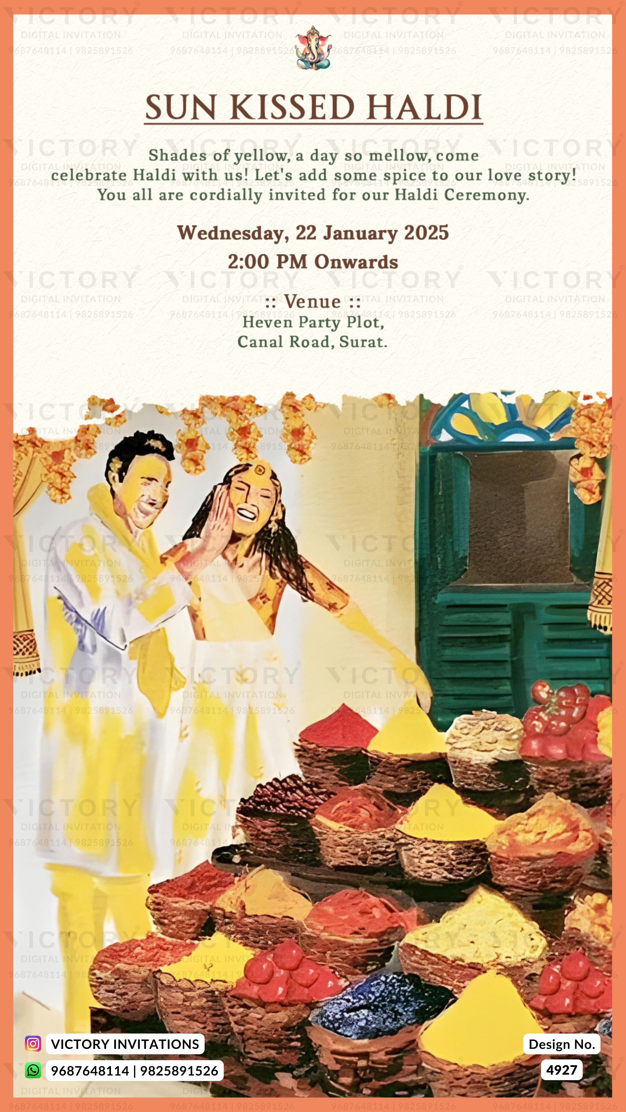 A printed invitation card for a 'Sun Kissed Haldi' ceremony, featuring a colorful illustration of a couple in traditional Indian attire with haldi powder, along with event details and the Victory Invitations logo.