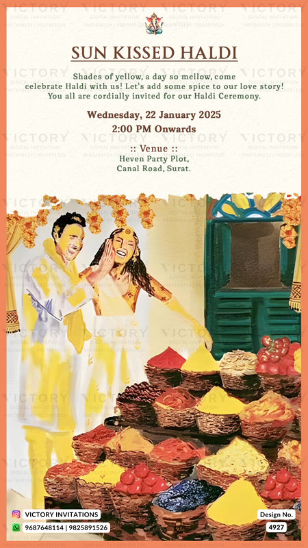 A printed invitation card for a 'Sun Kissed Haldi' ceremony, featuring a colorful illustration of a couple in traditional Indian attire with haldi powder, along with event details and the Victory Invitations logo.