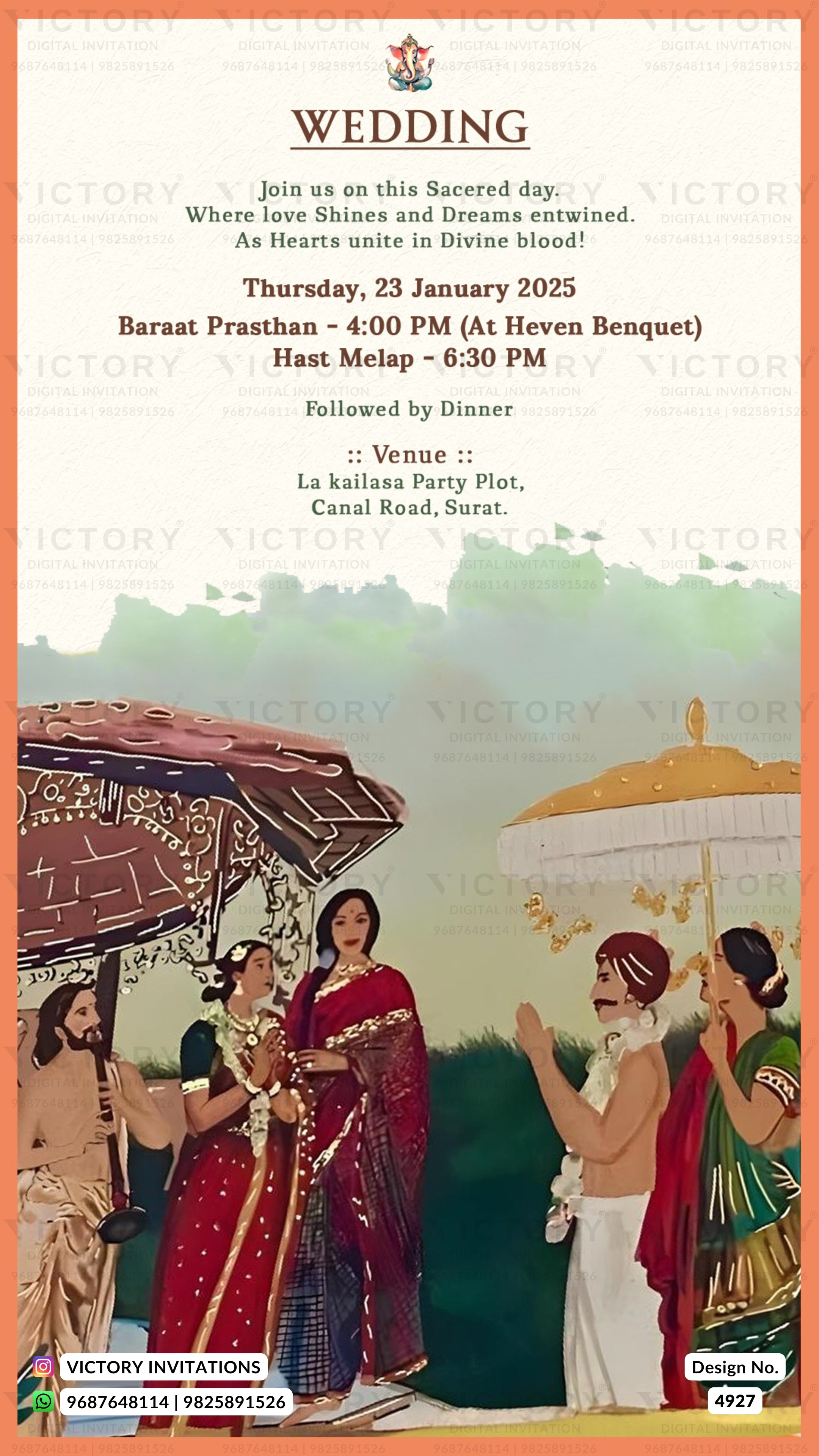 A wedding invitation card featuring a traditional Indian illustration at the bottom with brides and guests under a decorated canopy, alongside event details and the Victory Invitations logo.
