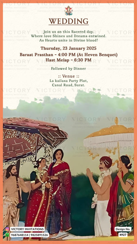 A wedding invitation card featuring a traditional Indian illustration at the bottom with brides and guests under a decorated canopy, alongside event details and the Victory Invitations logo.