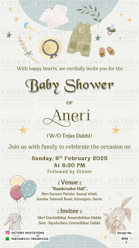 A baby shower invitation card with a soft pastel design, featuring illustrations of baby items, balloons, a bunny, and stars on a cream background. The text reads 'With happy hearts, we cordially invite you for the Baby Shower of Aneri' and includes event details, venue, and contact information for Victory Invitations.