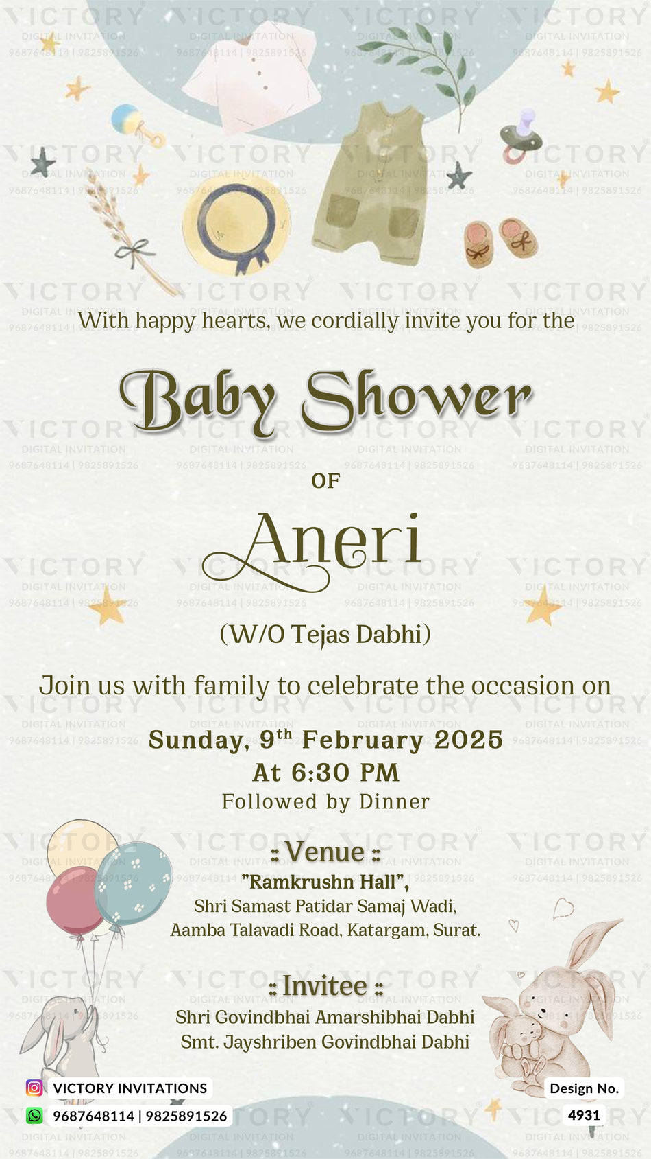 A baby shower invitation card with a soft pastel design, featuring illustrations of baby items, balloons, a bunny, and stars on a cream background. The text reads 'With happy hearts, we cordially invite you for the Baby Shower of Aneri' and includes event details, venue, and contact information for Victory Invitations.
