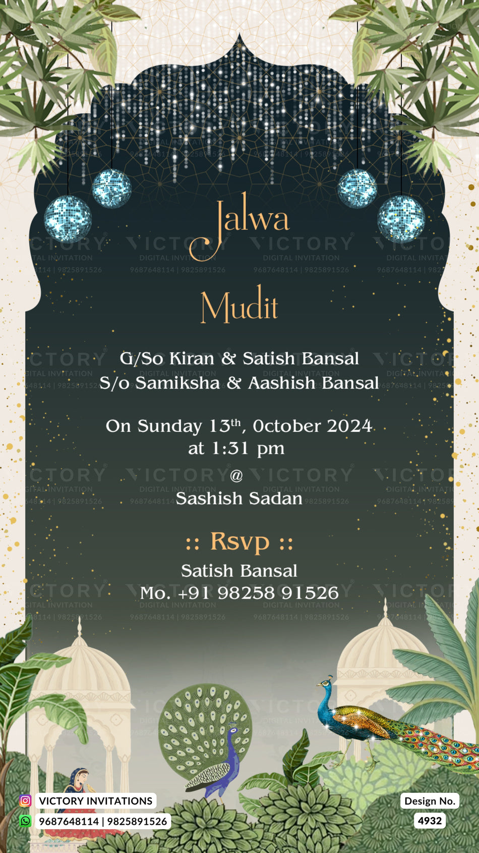 Jalwa Ceremony invitation card in english language with peacock, leaves as arch theme design 4932
