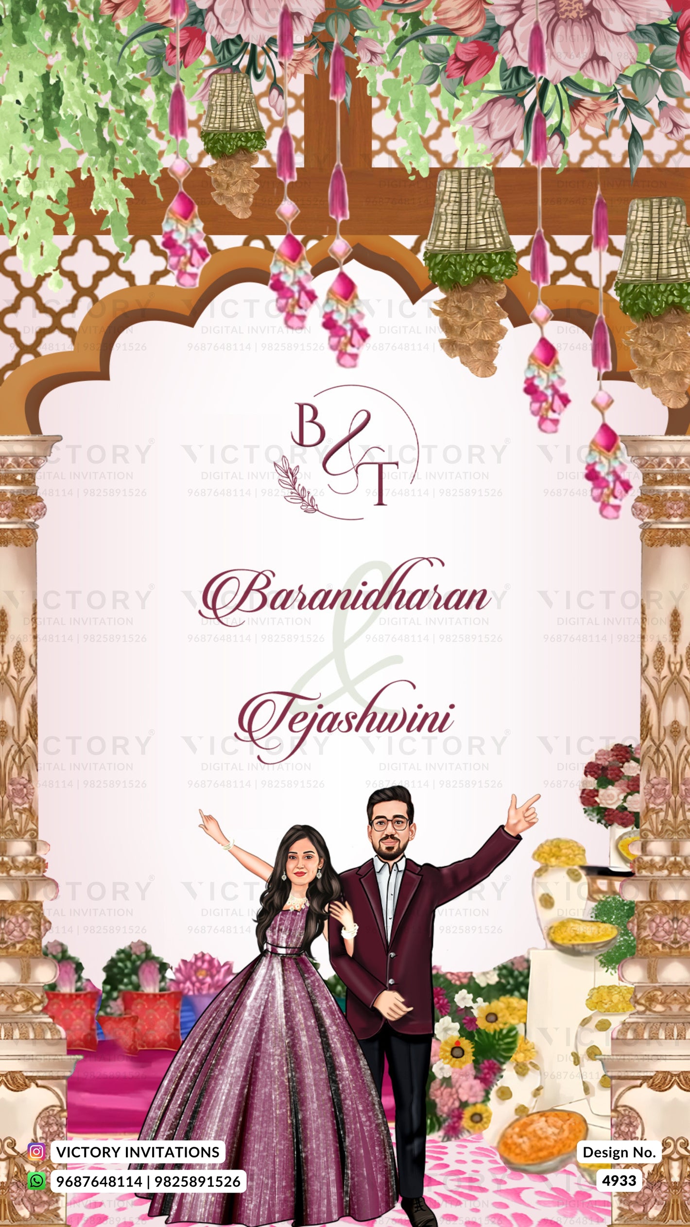 A digital preview of a custom Indian wedding invitation card featuring a decorative archway, hanging floral garlands, and cartoon-style illustrations of a bride and groom standing in front of a decorated wedding reception scene. The text reads 'B & T', 'Baramidharan', and 'Tejaswini'.