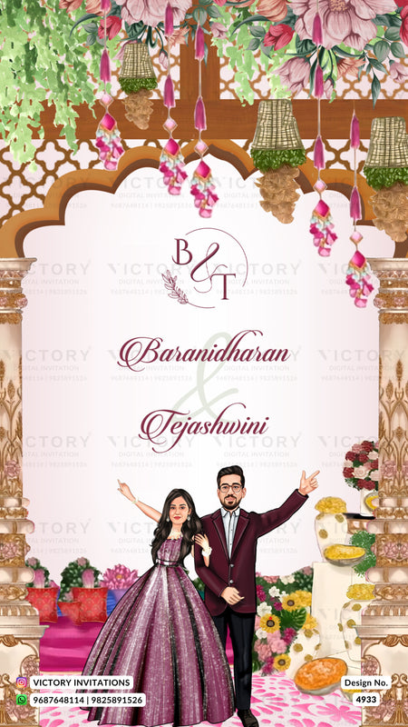 A digital preview of a custom Indian wedding invitation card featuring a decorative archway, hanging floral garlands, and cartoon-style illustrations of a bride and groom standing in front of a decorated wedding reception scene. The text reads 'B & T', 'Baramidharan', and 'Tejaswini'.