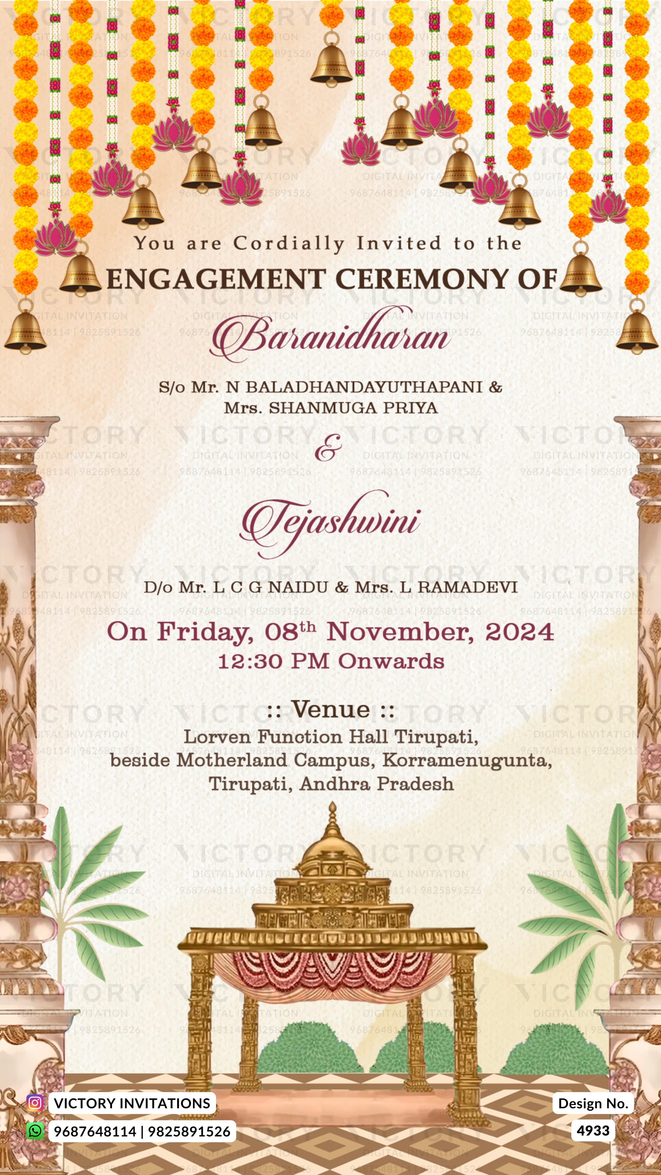 Engagement ceremony invitation card with traditional Indian festive design, featuring marigold garlands, hanging bells, pillars, and a decorated mandap illustration on a cream background.