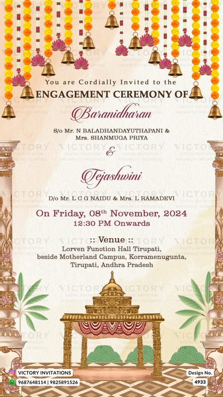 Engagement ceremony invitation card with traditional Indian festive design, featuring marigold garlands, hanging bells, pillars, and a decorated mandap illustration on a cream background.