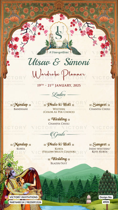 A wedding invitation template for 'Utsaw & Simoni' featuring a traditional Scottish clan outfit theme. The design has a cream background with a central cream panel listing 'Ladies' and 'Gents' attire for the wedding dates 19th - 21st January 2025.