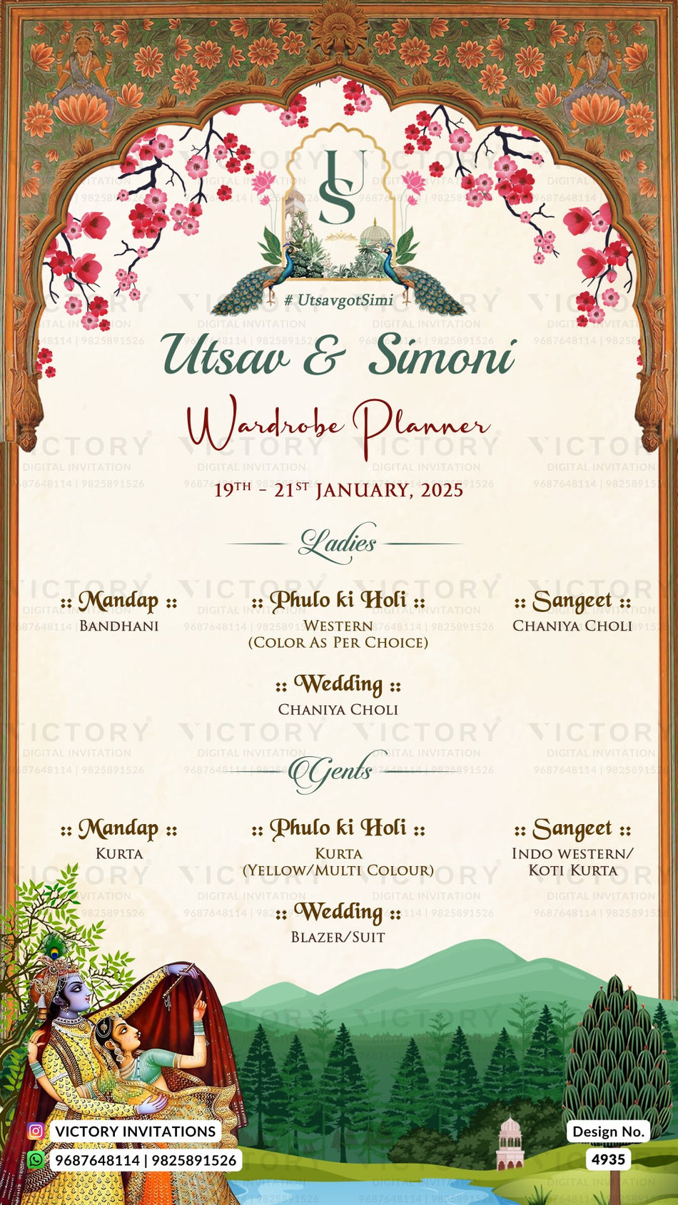 A wedding invitation template for 'Utsaw & Simoni' featuring a traditional Scottish clan outfit theme. The design has a cream background with a central cream panel listing 'Ladies' and 'Gents' attire for the wedding dates 19th - 21st January 2025.