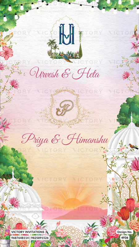 A decorative wedding invitation card design with floral borders, domed pavilion illustrations, string lights, and personalized names 'Urvesh & Heta' and 'Priya & Himanshu' on a pastel sunset background. The brand name 'Victory Invitations' appears at the bottom.