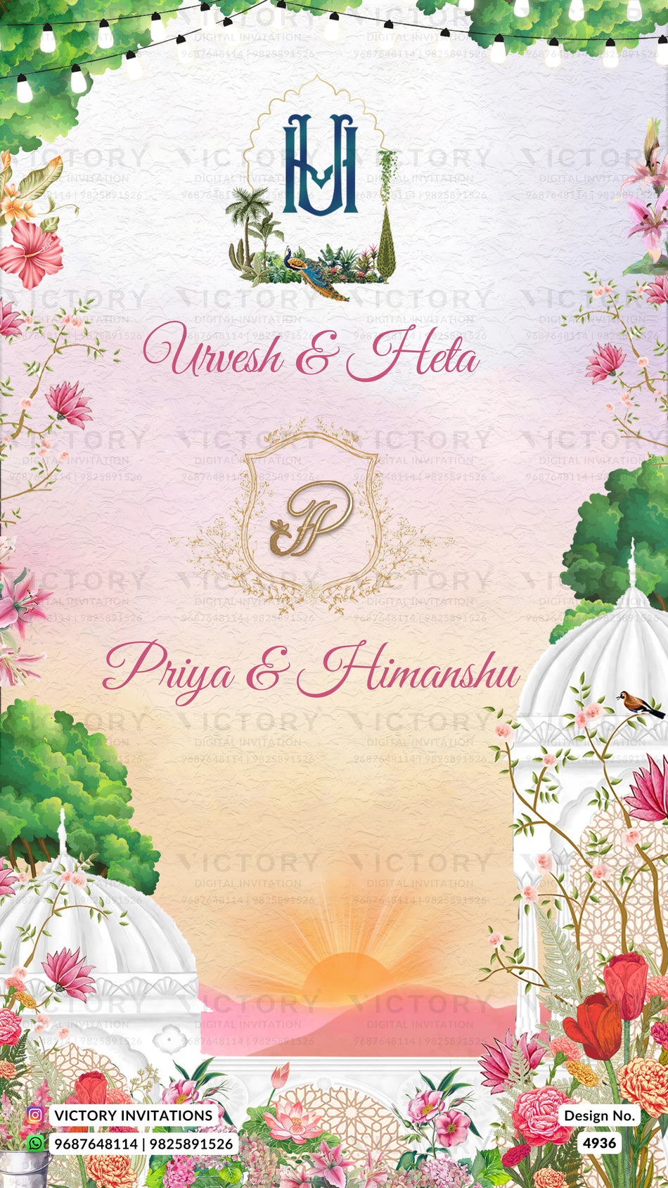 A decorative wedding invitation card design with floral borders, domed pavilion illustrations, string lights, and personalized names 'Urvesh & Heta' and 'Priya & Himanshu' on a pastel sunset background. The brand name 'Victory Invitations' appears at the bottom.