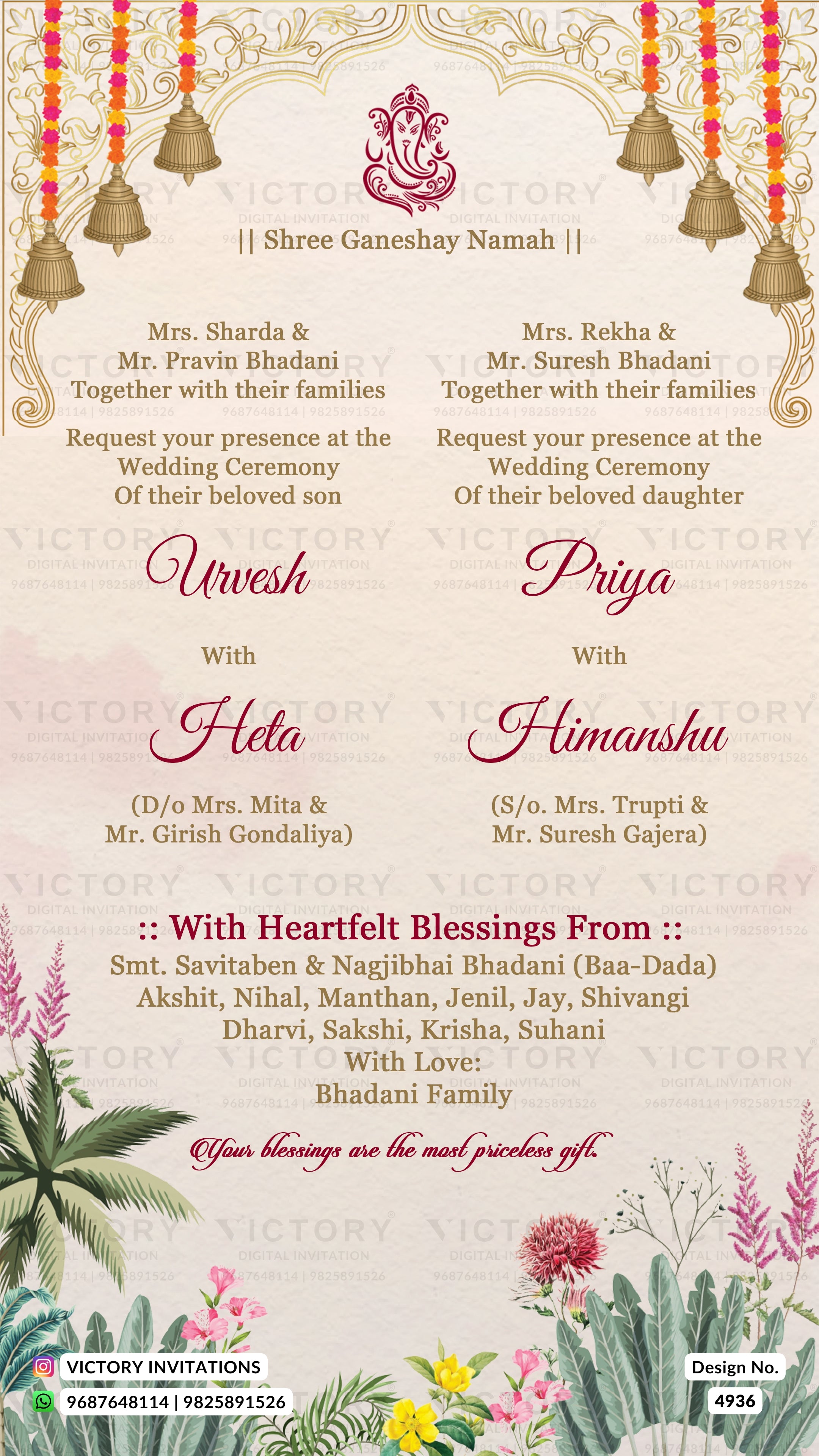 A Shree Ganeshay Namah wedding invitation card featuring a cream and gold background with traditional Indian motifs, hanging bells, floral borders, and names of the bride and groom in elegant script.