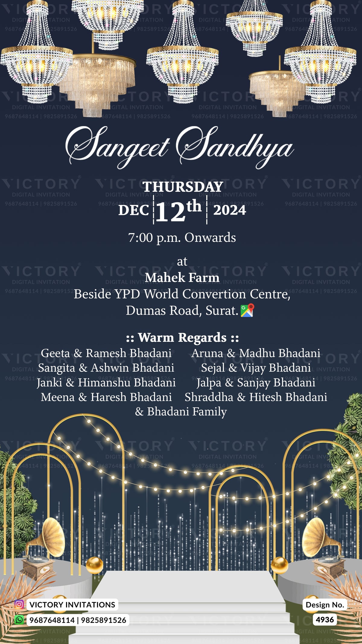 A digital invitation card design for a wedding event, featuring elegant white script text on a dark navy blue background, decorated with illustrations of hanging chandeliers at the top and gold arches with string lights at the bottom. The text details the event date, time, and location at Mahek Farm.