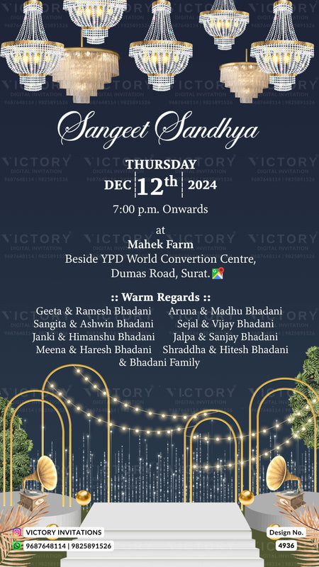 A digital invitation card design for a wedding event, featuring elegant white script text on a dark navy blue background, decorated with illustrations of hanging chandeliers at the top and gold arches with string lights at the bottom. The text details the event date, time, and location at Mahek Farm.
