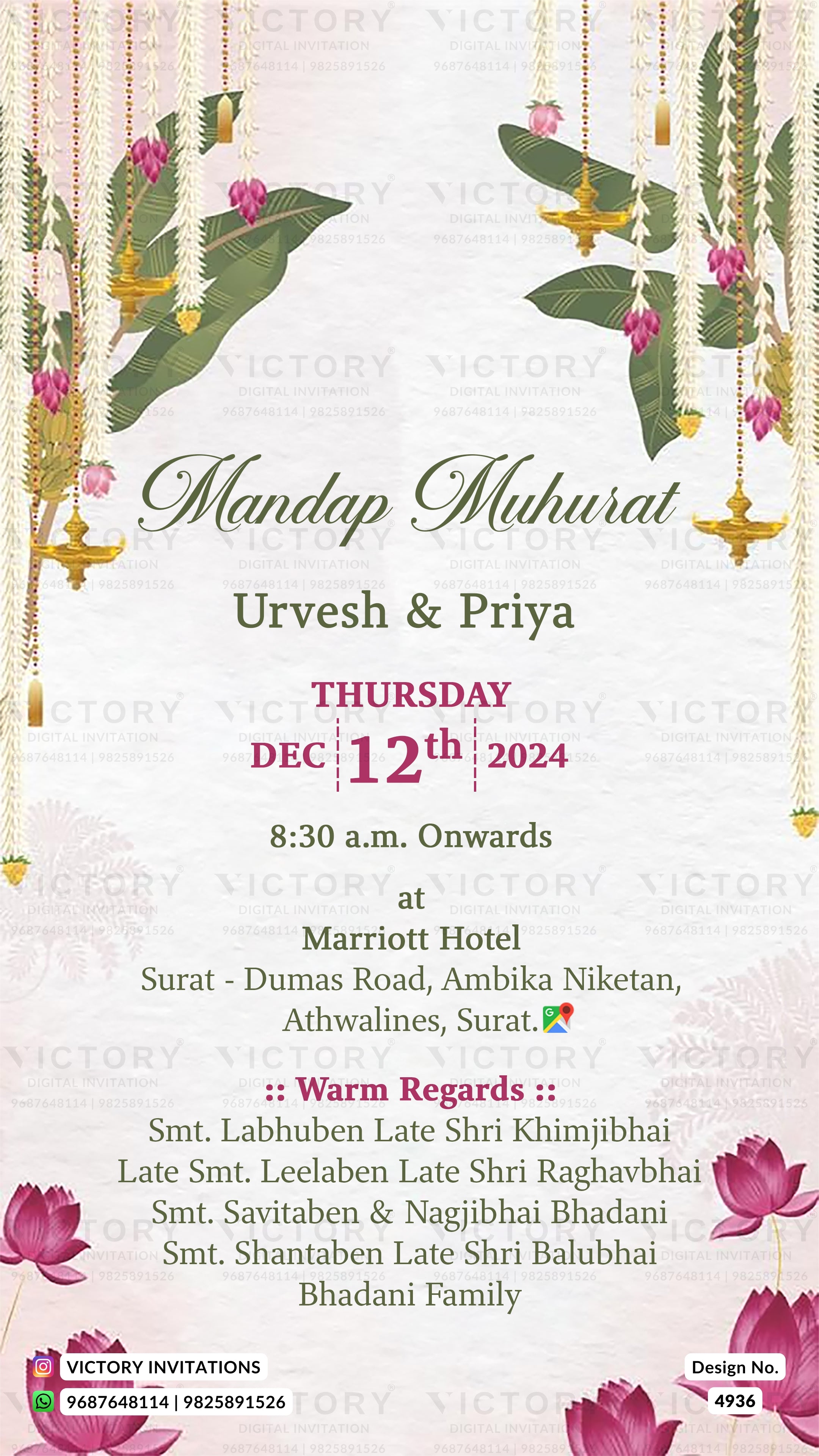 A Mandap Muhurat wedding invitation card featuring a light pink and white background with elegant green leaves, hanging gold ornaments, pink lotus flowers, and black text detailing the event at Marriott Hotel in Surat.