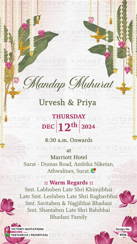 A Mandap Muhurat wedding invitation card featuring a light pink and white background with elegant green leaves, hanging gold ornaments, pink lotus flowers, and black text detailing the event at Marriott Hotel in Surat.