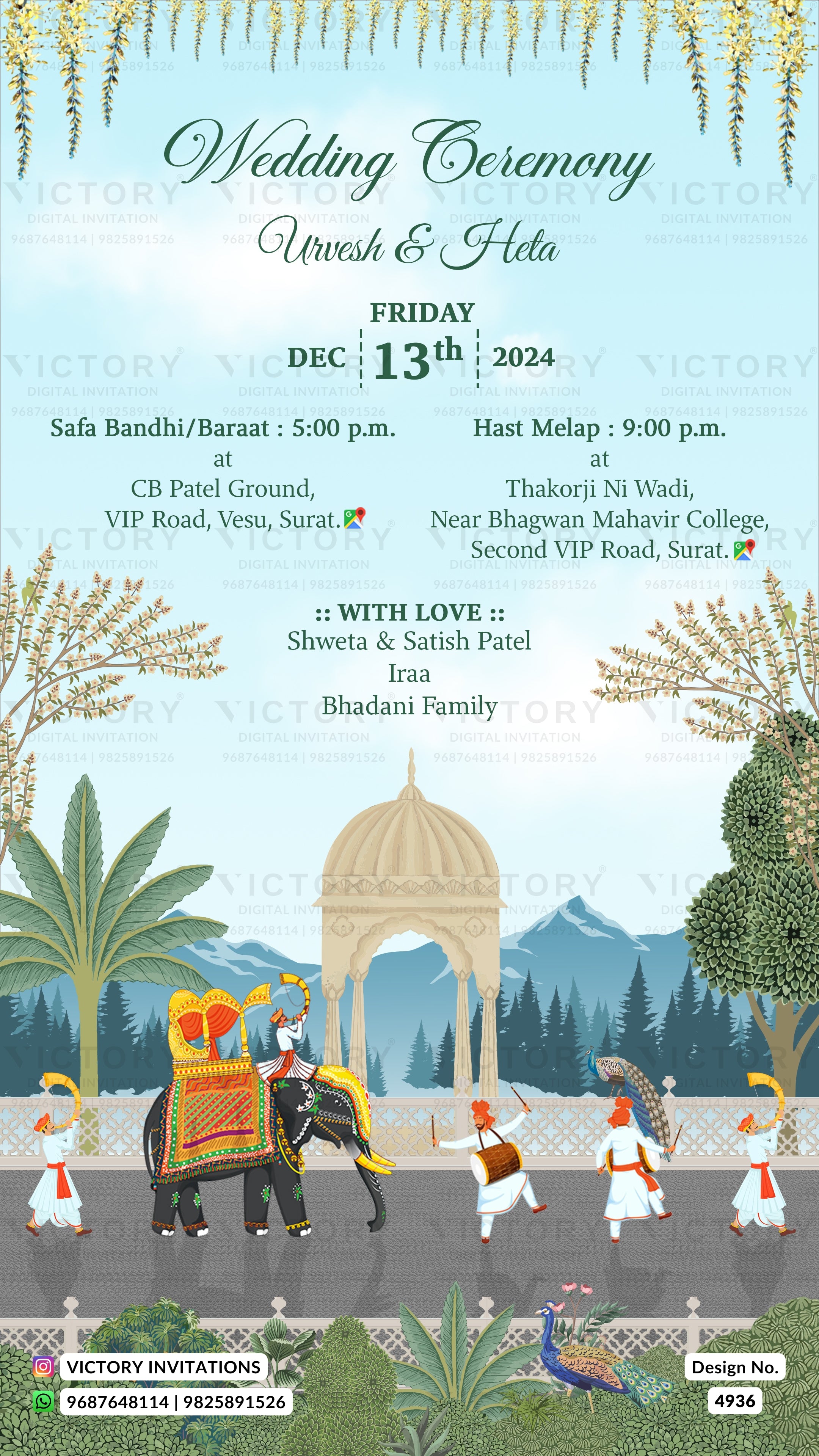 A wedding invitation card design featuring a traditional Indian wedding ceremony schedule. The top half has a light blue background with elegant green script reading 'Wedding Ceremony Unwsh & Fela' and hanging floral borders.