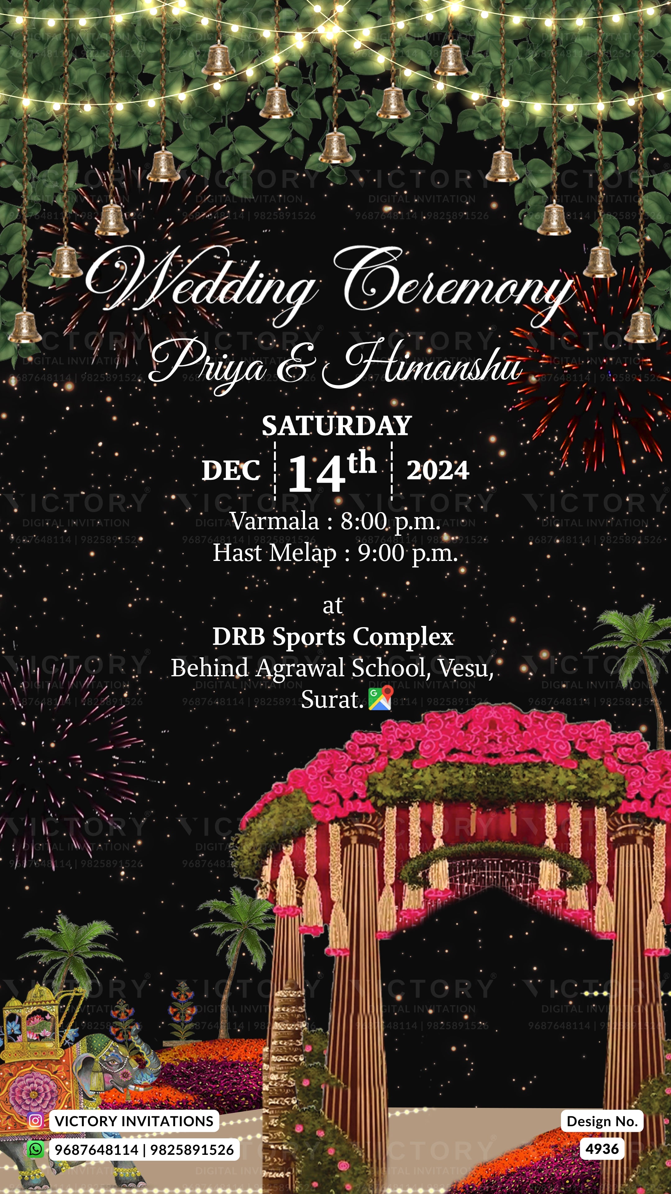 A digital wedding invitation card featuring a festive Indian wedding theme. The design has a black starry night sky background with hanging string lights, green foliage, and red fireworks.