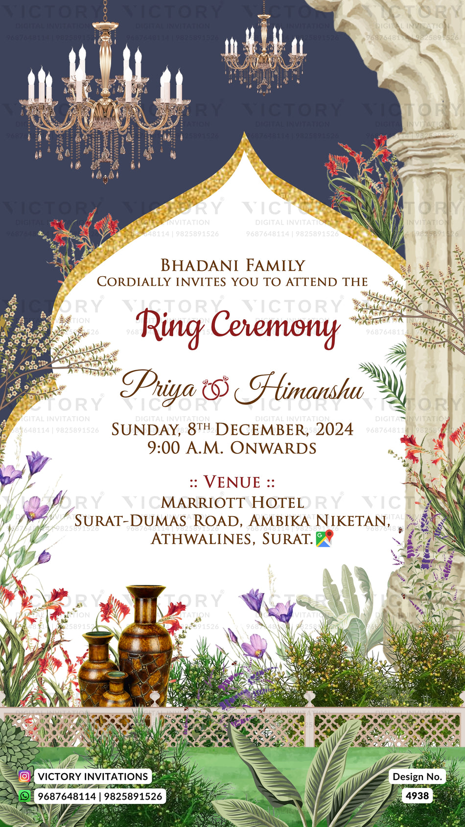A decorative ring ceremony invitation card with an ornate white arch, gold trim, chandeliers, floral illustrations, and event details for the Bhadani Family. The card includes venue information for the Marriott Hotel in Surat and is branded as Victory Invitations.