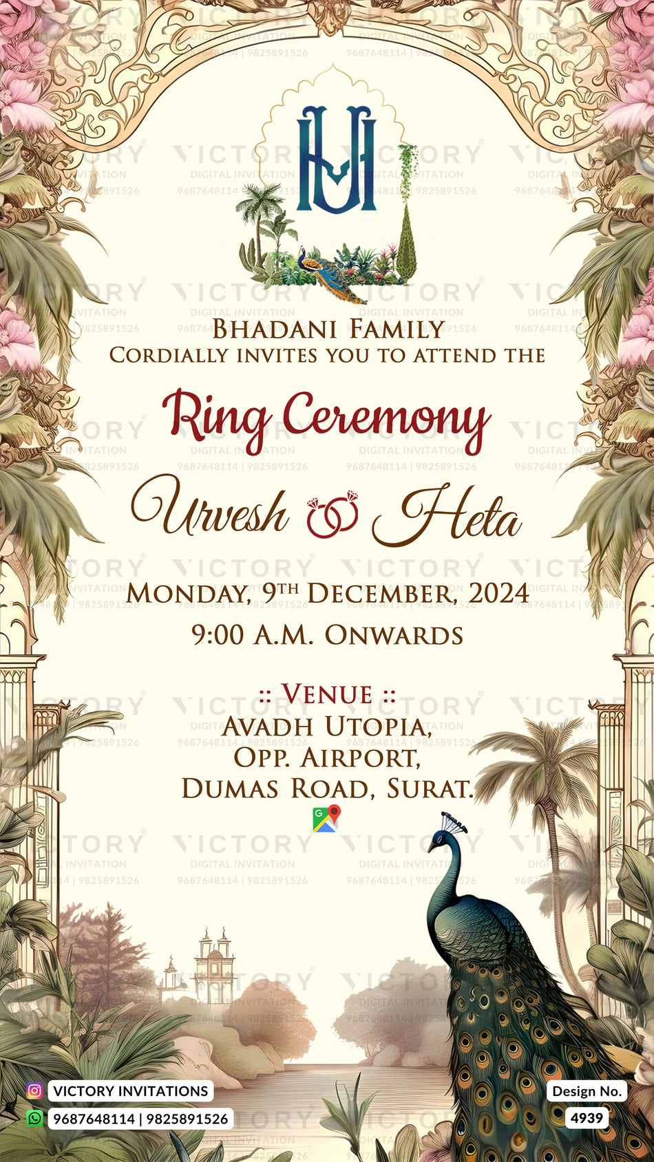 An elegant wedding ring ceremony invitation card with a cream background, ornate gold borders, pink floral accents, and a peacock illustration. The text invites the Bhadani family to the ring ceremony of Urvesh & Heta on Monday, 9th December, 2024, at Avadh Utopia, Opp.
