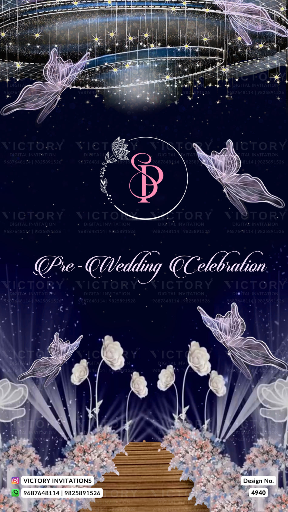 A digital invitation template design for a pre-wedding celebration, featuring a dark navy blue background with a central pink monogram logo, white script text, glowing hanging lights, and stylized butterflies and flowers.