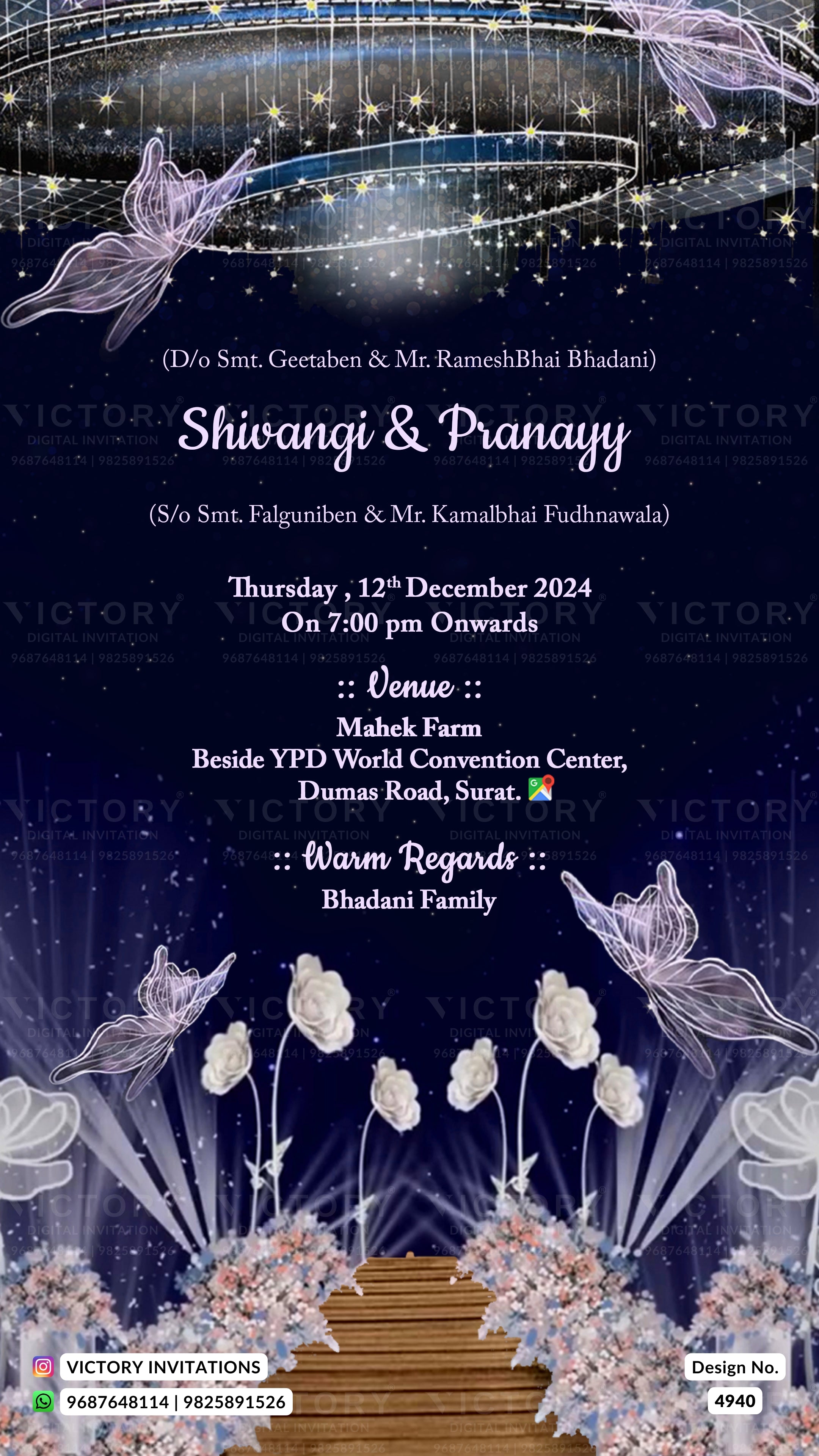 A digital invitation card design for a wedding, featuring the names 'Shiwangi & Pranay' in elegant white script over a dark navy blue background. The design includes decorative elements such as glowing butterflies, hanging lights, white flowers, and a wooden staircase, with text detailing the event date, time, and venue at Malach Farm.