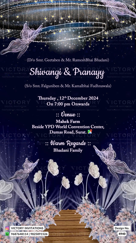 A digital invitation card design for a wedding, featuring the names 'Shiwangi & Pranay' in elegant white script over a dark navy blue background. The design includes decorative elements such as glowing butterflies, hanging lights, white flowers, and a wooden staircase, with text detailing the event date, time, and venue at Malach Farm.