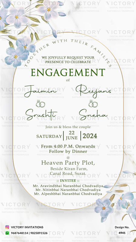 Engagement invitation card with a cream background, elegant gold border, and delicate blue water lilies in the corners. The text is written in a mix of serif and cursive fonts, detailing a wedding invitation for Jaimin and Reejans on Saturday, 22 June 2024.