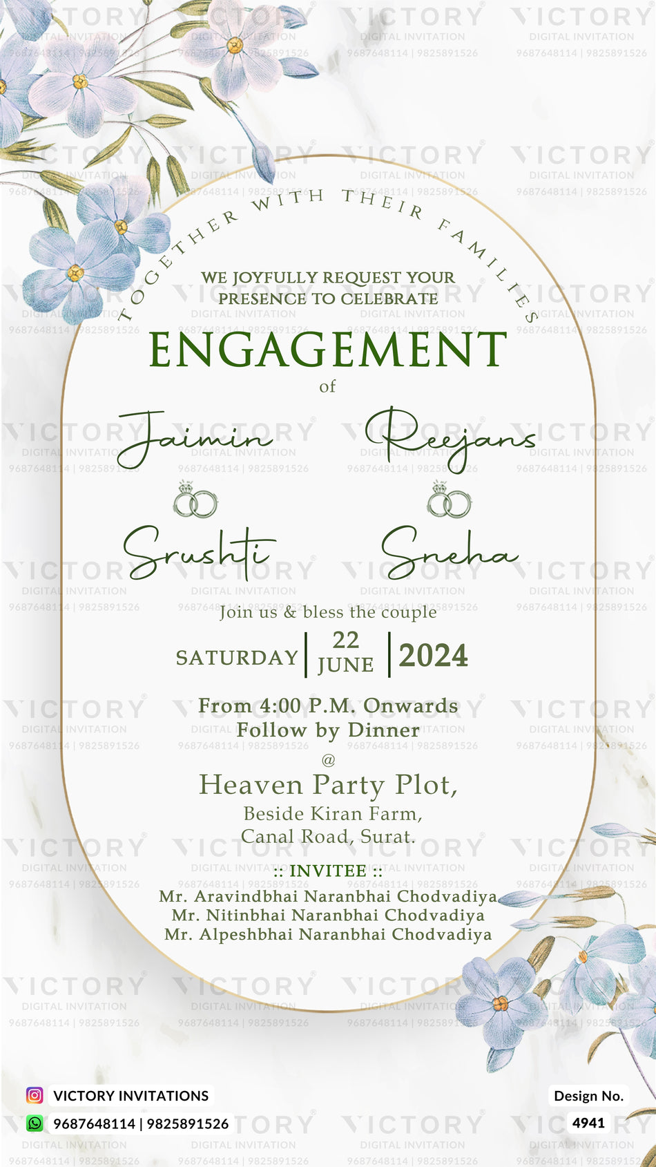 Engagement invitation card with a cream background, elegant gold border, and delicate blue water lilies in the corners. The text is written in a mix of serif and cursive fonts, detailing a wedding invitation for Jaimin and Reejans on Saturday, 22 June 2024.