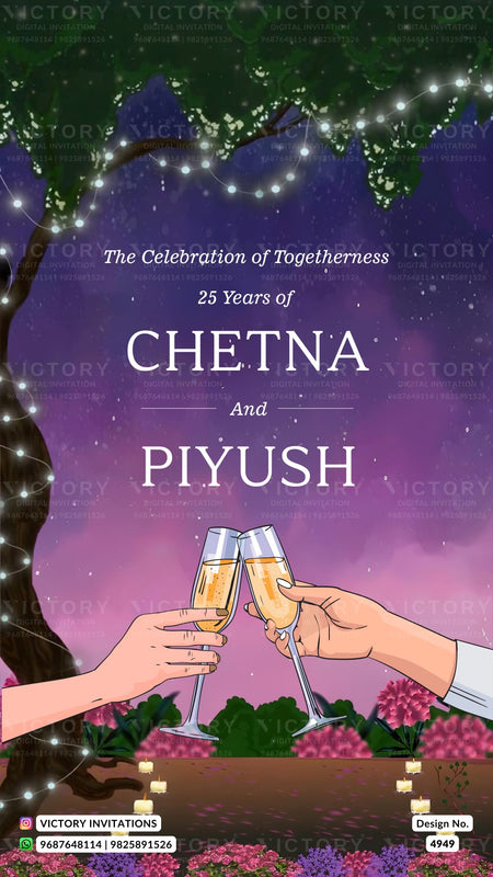 A digital invitation card design for a 25th birthday celebration, featuring a purple and pink gradient background with a tree, string lights, and two hands clinking champagne glasses. The text reads 'The Celebration of Togetherness, 25 Years of CHETNA And PIYUSH'.