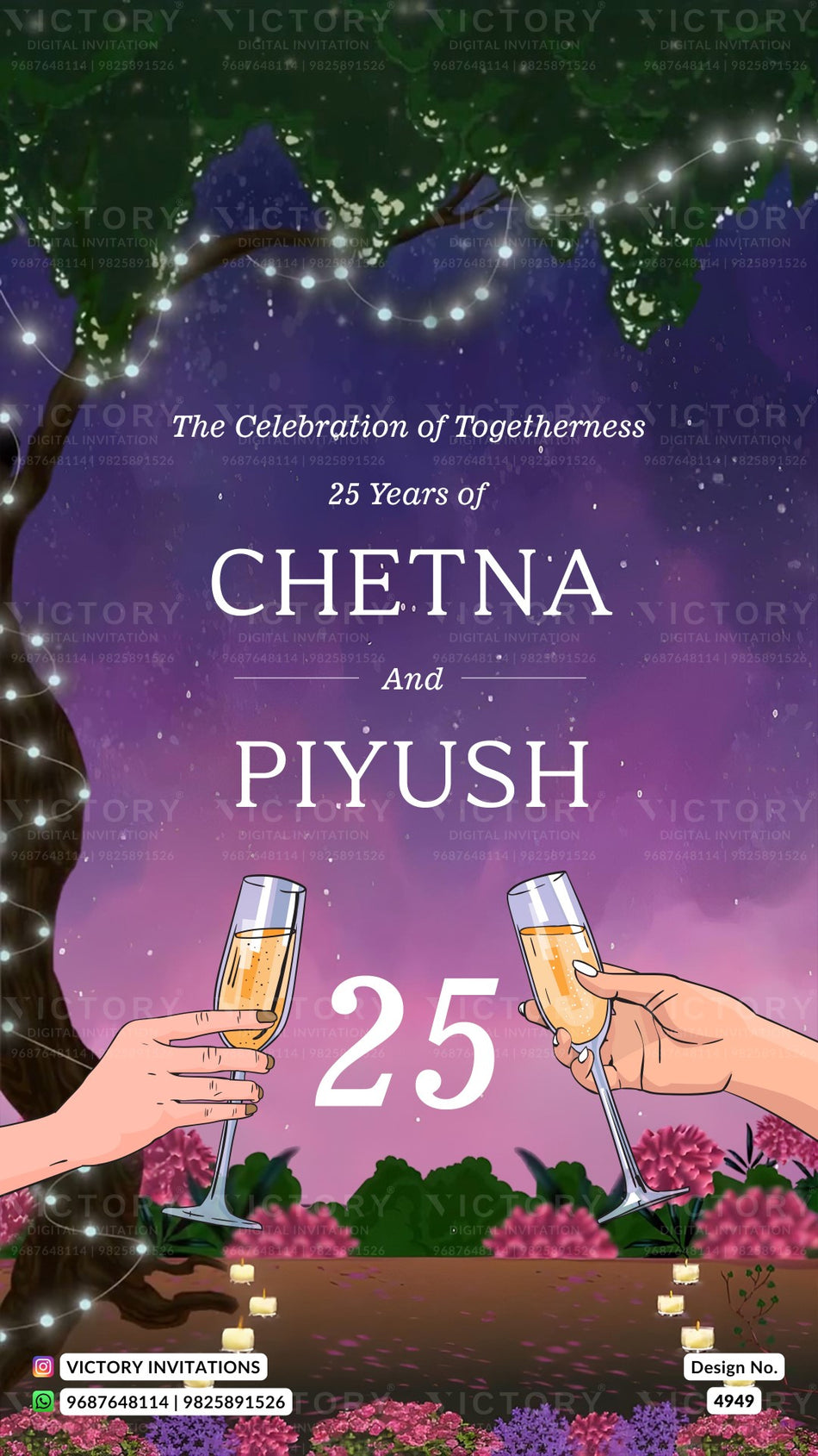 A 25th birthday party invitation card design featuring a purple and pink night sky background with a tree, string lights, and two hands holding champagne glasses. The text reads 'The Celebration of Togetherness, 25 Years of CHETNA And PIYUSH, with a large '25' in the center.