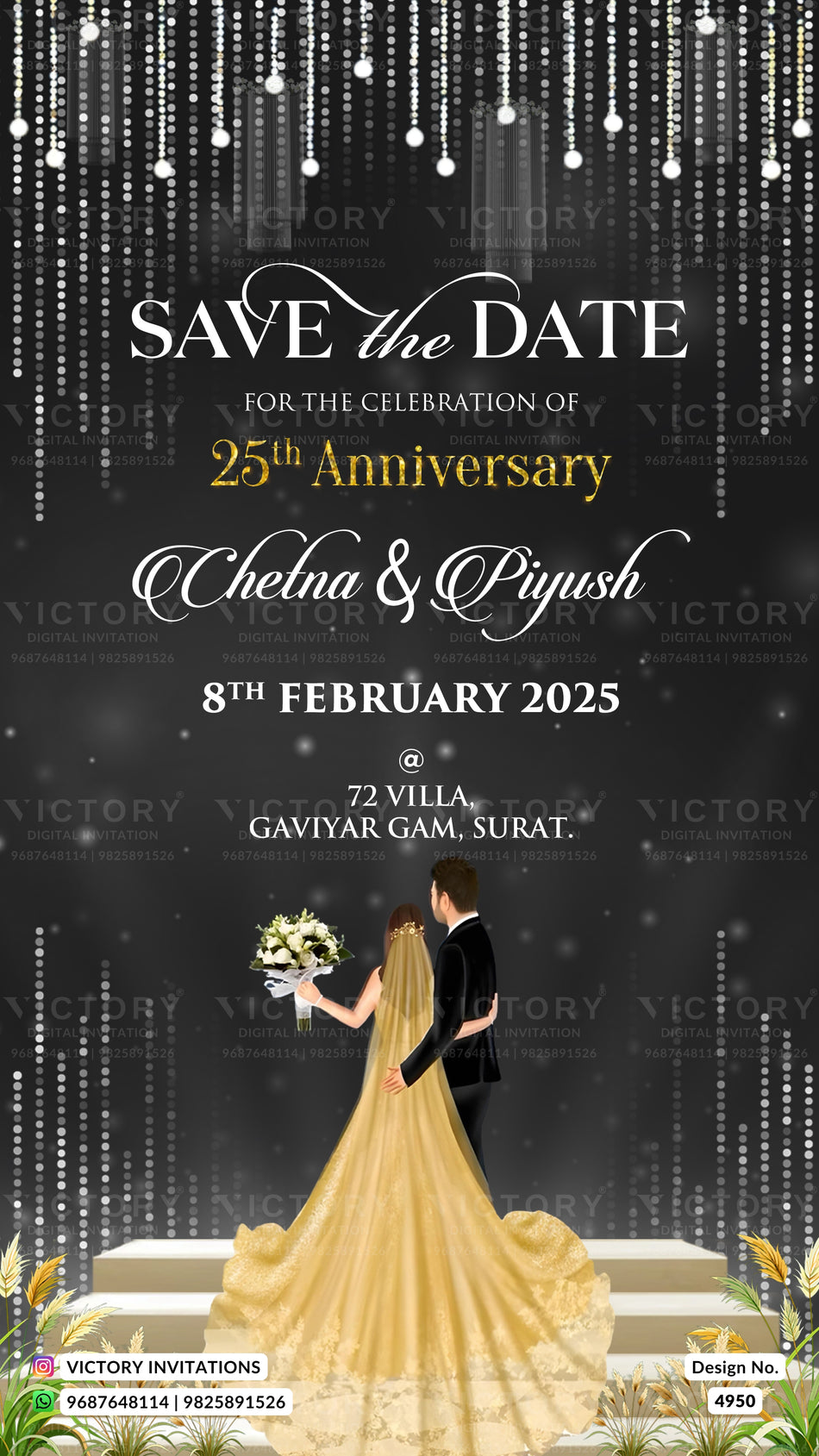 A wedding save-the-date invitation card featuring a bride and groom standing on a pedestal, with the bride in a flowing yellow gown and the groom in a black suit. The background is dark gray with hanging light effects and elegant white and gold text reading 'SAVE the DATE' and '25th Anniversary Chelna & Piyush 8th February 2025'.