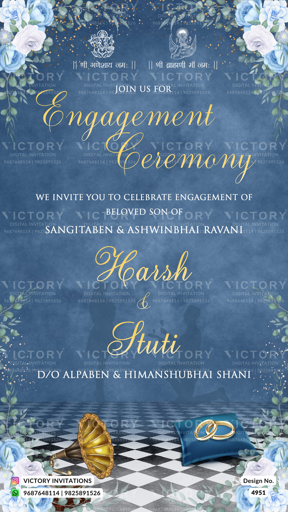 Engagement invitation card with a blue chalkboard-style background, floral borders, gold script text, and decorative wedding-themed graphics including rings, a gramophone, and a blue clutch.