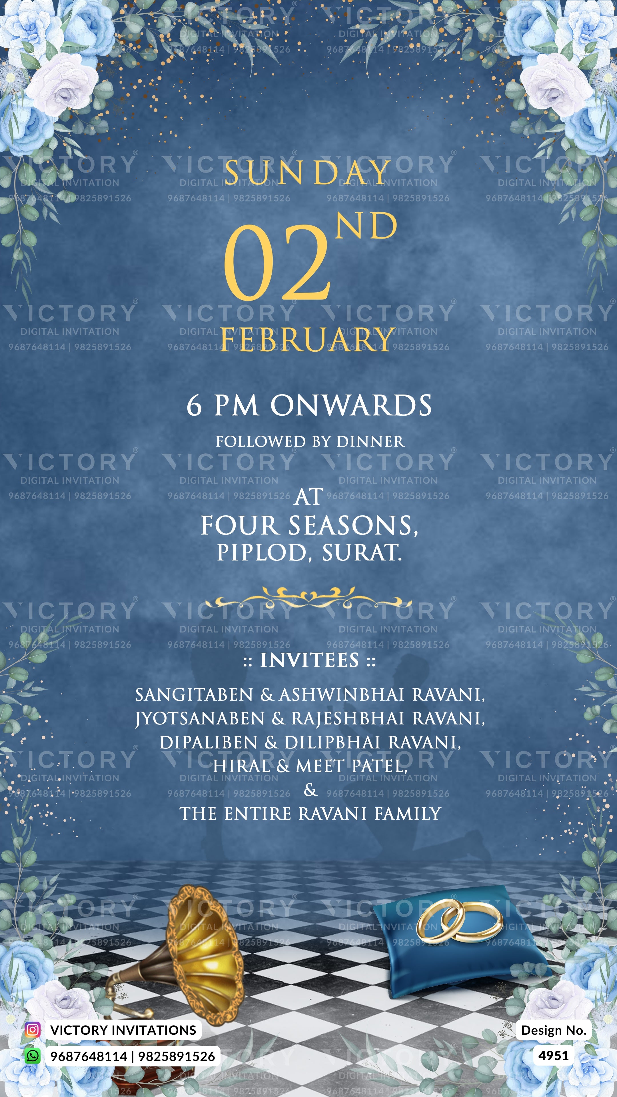 A digital invitation card design for a wedding event on Sunday, February 02nd, featuring elegant gold and white typography on a textured blue background. The design is framed by blue and white flowers at the top corners, with a checkered black and white floor, a gold wedding ring, and a blue velvet cushion at the bottom.
