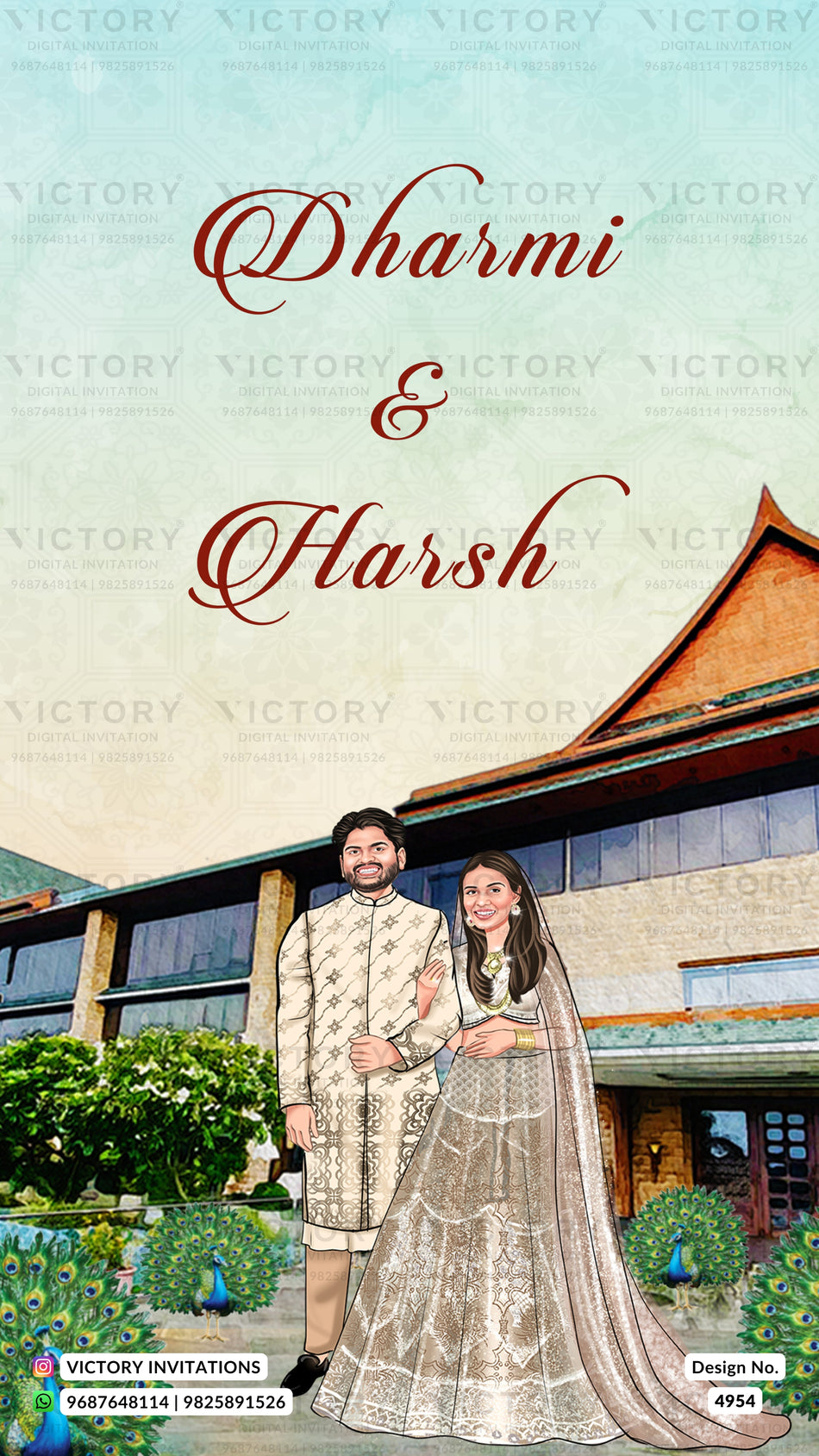 Customizable wedding invitation card featuring a photo of a couple in traditional Indian attire standing in front of a building, with the names 'Dharmi & Harsh' written in elegant red script at the top.