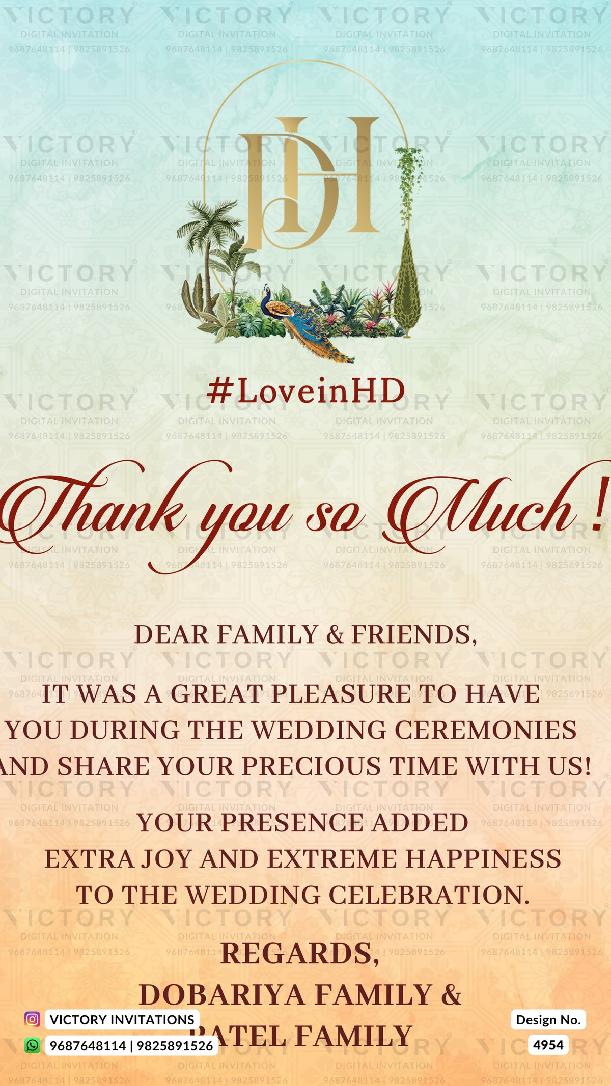 Wedding thank you card design with a decorative gold monogram and tropical illustration at the top, a large red script reading 'Thank you so Much!' in the center, and formal thank-you text below on a light beige background with a faint repeating watermark.